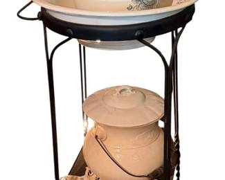 Antique Wrought Iron Metal Wash Stand W/ Porcelain Bowl & Pitcher c. 1850-1930