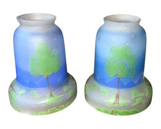 Antique Reverse Painted Glass Fitter: Hand Painted Landscape Scene, pair