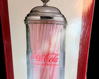 Coca-Cola Delicious and Refreshing Glass Straw Dispenser w/straws 11 Inches Tall