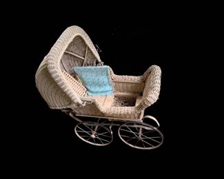Antique Victorian Wicker Baby Doll Cariage Buggy Pram Stroller Adjustable Canopy