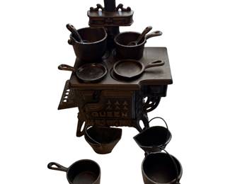 Vintage Queen Miniature Cast Iron Stove With extra Pots