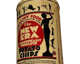 a vintage 1-pound metal advertising tin for New Era Potato Chips, manufactured by Nicolay Dancey Inc. of Detroit, Michigan, dating back to the 1940s or 1950s