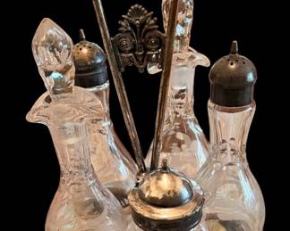 Antique victorian era silverplate five bottle acid etched cruet set