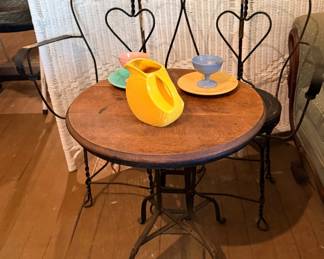 Vintage ice cream, parlor table, and double chair/there are other ice cream chairs, and stools