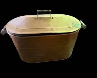 Antique Copper Boiler Wash Tub Pot Lid Wood Handles