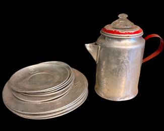 1940s Childs Toy; Aluminum Drip Percolator, Embossed Cinderella, Coffee Pot w/Wood Handle And plates