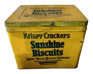Sunshine Krispy Crackers Tin Empty Hinged Lid Yellow Vintage Antique