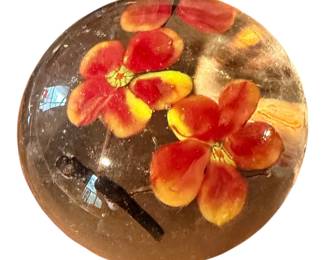 Vintage Art Glass Small Paperweight Orange & Yellow Five-Petaled Flowers