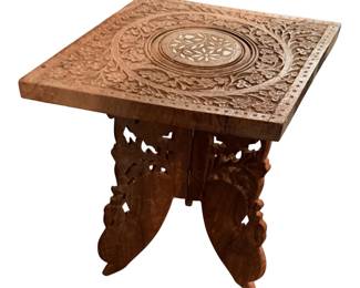 Vintage Hand-Carved Wood Folding Table: Indian Petite Stand