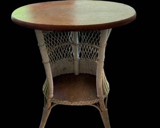 Antique wicker and wood round side table