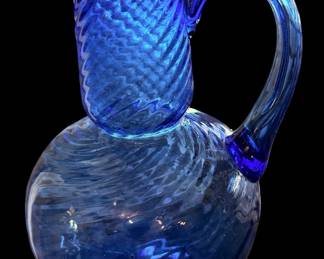 Hand-Blown 5 1/2” Glass Jug, Applied Handle, Swirl Design, Cobalt Blue/pontil mark