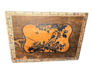 Vintage large wooden box with decorative paper overlay