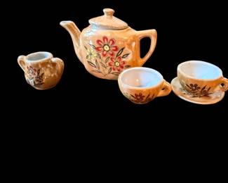 Vintage Childs Tea Set Peach Lusterware Teapot Cup Saucer Hand Painted