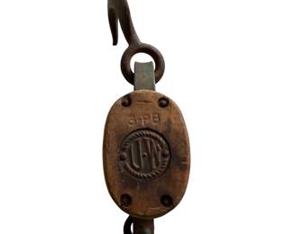 Vintage UPTON WILTON Antique UW Block & Tackle Wooden Pulley Farm Tool