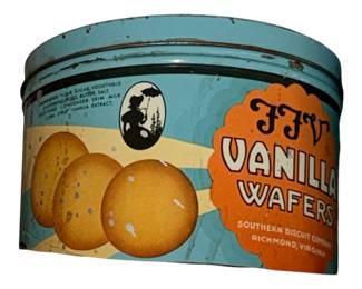 vintage FFV Vanilla Wafers Tin from the Southern Biscuit Company of Richmond, Virginia. 1950s