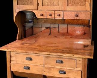 Antique Hoosier possum belly kitchen cabinet with flour bin and etched glass detail