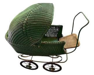 Antique Victorian Wicker Baby Buggy Stroller 1900's green