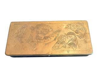 Vintage brass lid fish and tackle box with fish etched on top
