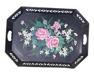 Vntg Black Metal Cottage Tole Hand Painted Cabbage Rose Floral Tray