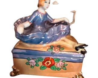 Art Deco Powder Jar Trinket Box Vanity Lustreware Trico China Japan Figural Girl Flapper
