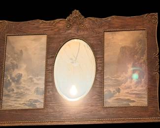 Antique oak, triple wall, mirror, and prints