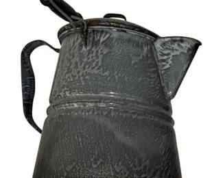 vintage gray speckle granite enamelware cowboy coffee pot with a metal bail handle and wooden