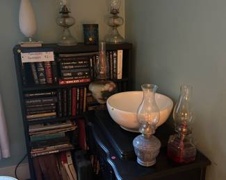 Antique sewing machine, more books & oil lamps