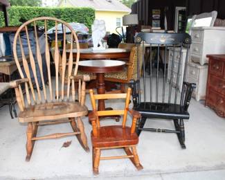 Vintage Oskar Huber Oak Wood Windsor Style Fan Back Rocker Rocking Chair, Vintage S. Bent & Bros. Black Harvest Wood Windsor Colonial Rocking Chair Rocker and Vintage Solid Wood Childs Rocking Chair