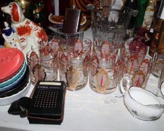 Vintage Hitachi HI-PHONIC Transistor Radio Model TH610 in Original Leather Case with mono Earphone and leather case attached to handle / Vintage glassware lowball set of 8 features a Culver Christmas Candle and Holly design with 22k gold accents