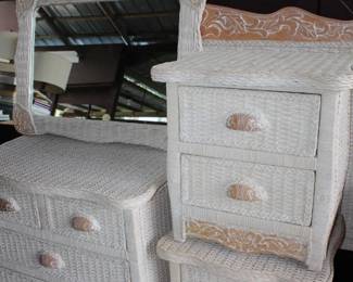 Pier 1 Coastal Jamaica Collection white wicker dresser, headboard, nightstands and mirror set features unique shell-shaped drawer pulls. 