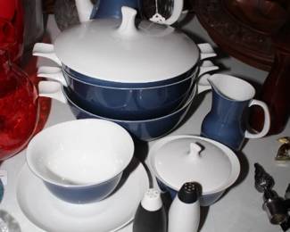 MCM Mid-Century Modern blue and white porcelain coffee and tea service is the Finlandia pattern designed by Tapio Wirkkala for Thomas (Rosenthal group) in Germany during the 1950s