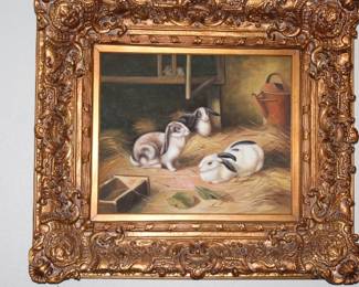 Traditional 19th-century European farmhouse / barnyard animal motif. Frame detail: Thick, antiqued gold leaf resin frame featuring deep dimensional scrollwork and floral corner details.
