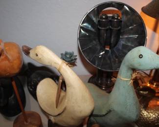 Antique Nickel Brass Library Desk Candle Lantern Lamp with Tole Shade / VTG 2- Smith & Hawken Green Yellow Rusty Wooden Hand-Carved Duck Figurines 10”