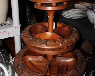 Tiki Pineapple Lazy Susan, Carved Wood 3-Tier Serving Tower
