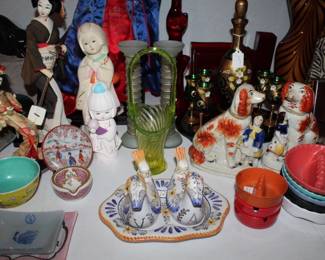 RARE FIND Vintage Japanese Geisha 18.5” tall Doll in Kimono, Wood Base / Vintage Uranium Glass Basket / Vintage Ges-Line Colorful Melmac Ashtrays