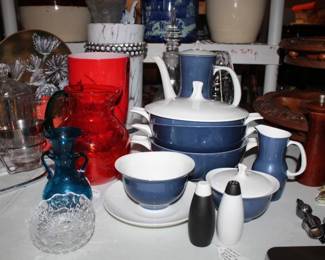 Mid-century modern blue and white porcelain coffee and tea service is the Finlandia pattern designed by Tapio Wirkkala for Thomas (Rosenthal group) in Germany during the 1950s. / Vintage Hut Prince Art Glass Handmade in Czech White Vase with Bead Trim 