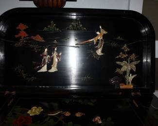 Asian Black Lacquer Mother of Pearl Figurines Decorated Multi Compartment Bar