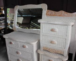 Pier 1 Coastal Jamaica Collection white wicker dresser, headboard, nightstands and mirror set features unique shell-shaped drawer pulls. 
