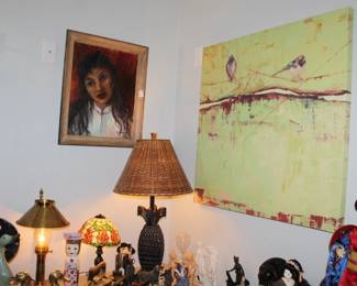 Vintage 1960s Mid-Century Modern (MCM) Original Oil Painting - Kay Yum / Birds on Horizon in Green by Janice Sugg