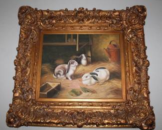 Traditional 19th-century European farmhouse / barnyard animal motif. Frame detail: Thick, antiqued gold leaf resin frame featuring deep dimensional scrollwork and floral corner details.