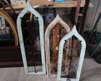 Farmhouse Wood Set of 3 Gothic Teardrop Window Frames, Architectural Wood Metal Wall Decor Set