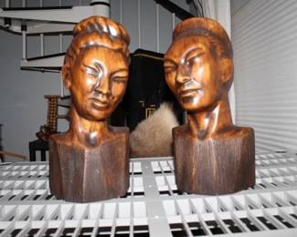 Vintage Asian Plaster Man & Woman Bust Figurines 13.5" Tall