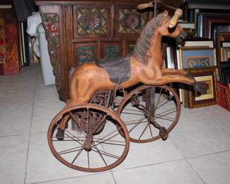 Antique Horse Velocipede Tricycle Wrought Iron with Leather Saddle 