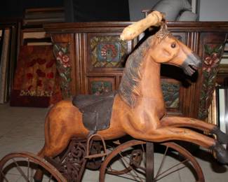 Antique Horse Velocipede Tricycle Wrought Iron with Leather Saddle 