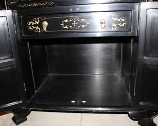 Asian Black Lacquer Mother of Pearl Figurines Decorated Multi Compartment Bar
