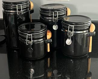 4-Piece Black Ceramic Canister Set with Wooden Spoons