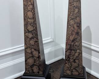 Pair of Polished Brown Marble Obelisks with Black Pedestal Bases