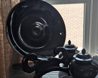 Black Pottery Asian Decor platter with stand and 2 jars
