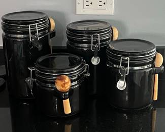4-Piece Black Ceramic Canister Set with Wooden Spoons
