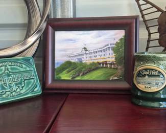 Mackinac Grand Hotel items-  Pewabic Pottery Tile, Deneen Pottery Green Drip Coffee Mug, Framed Canvas print iCanvas  "Grand Hotel" by Jim Williams